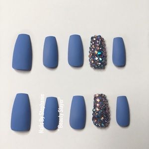 Blue Matte  Swarovski Coffin Nails W/Glue